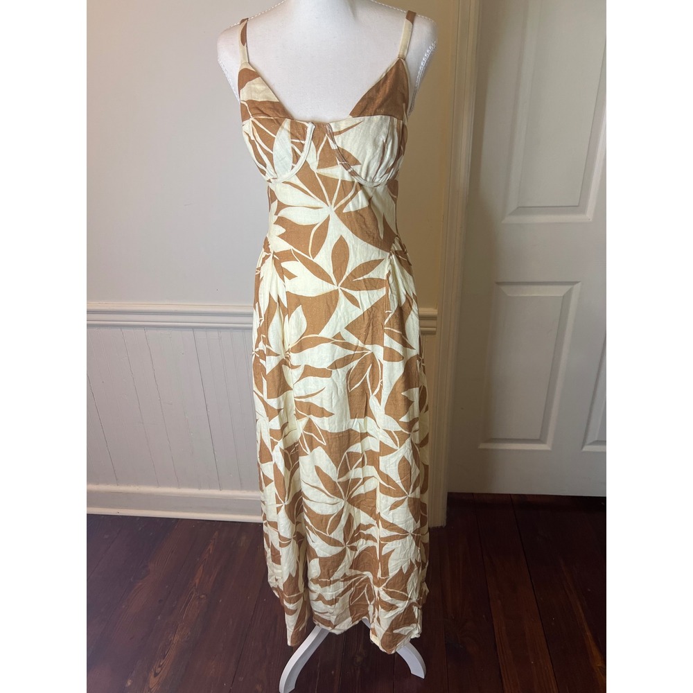 Lulus Tropical Leaf Print Bustier Midi Dress Tan‎ Cream Linen Blend Summer S - Picture 8 of 14